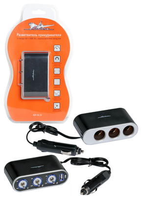 Прикуриватель-разветвитель 3 гнезда 5А + USB 1A, с выключателями нагрузки